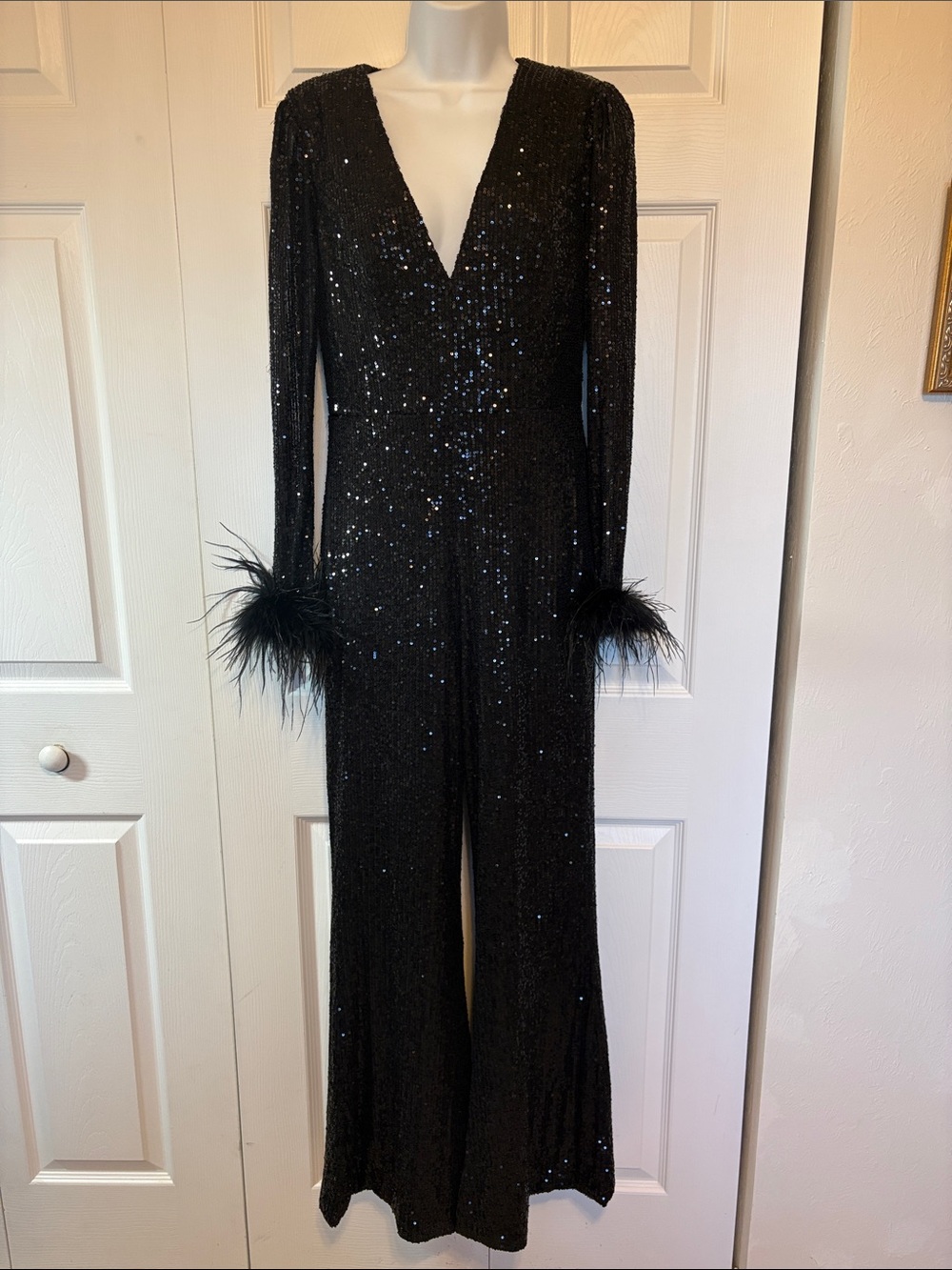 NWT IEENA for Mac Duggal Black Sequin Feather-Cuff Jumpsuit (Size S).